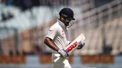 Indian cricket team captain Virat Kohli leaves after getting out on the first day of the second Test against New Zealand. Saurabh Das / AP Photo / September 30, 2016