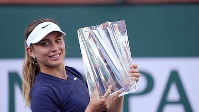Paula Badosa, of Spain, holds up her trophy after defeating Victoria Azarenka, of Belarus. AP Photo