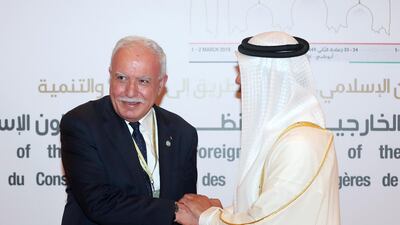 Sheikh Abdullah bin Zayed greets Riyad Al Maliki, Palestinian Minister of Foreign Affairs, at the OIC Ministerial Meeting. March 1, 2019, in Abu Dhabi. The National