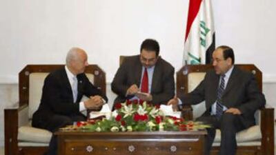 The Iraqi prime minister Nouri al Maliki, right, meets the UN envoy to Iraq, Staffan di Mistura, left, in Baghdad on July 2.