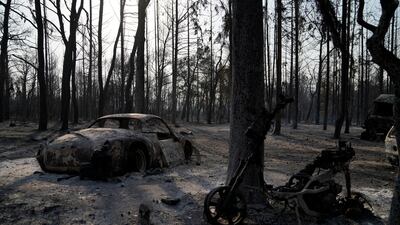 Burned vehicles are seen after a wildfire in Varibobi, northern Athens.