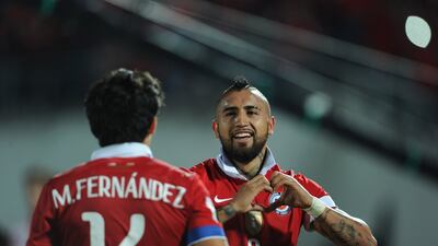 Chile’s Arturo Vidal celebrates his goal on Thursday night against Colombia during 2018 World Cup qualifying. Vladimir Rodas / AFP
