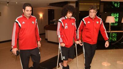 Omar Abdulrahman was injured in last year’s Gulf Cup of Nations semi-final match against Saudi Arabia. Courtesy UAE FA