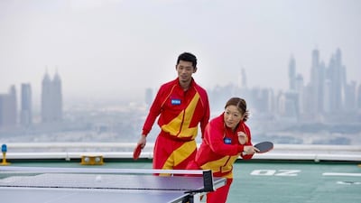 Chinese table tennis stars Zhang Jike and Liu Shiwen shown at an exhibition on the Burj Al Arab helipad in Dubai. Photo Courtesy / Asian Table Tennis Union
