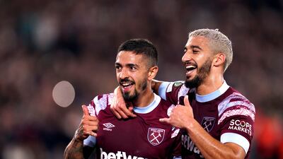 West Ham United's Manuel Lanzini celebrates with team-mate Said Benrahma after scoring in the 1-0 Europa Conference League win against Silkeborg at the London Stadium on October 27, 2022. AP