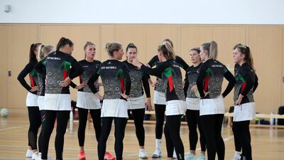 UAE Falcons team before the start of their netball match agianst the All Stars at Dubai College on 25 September, 2021. Pawan Singh/The National