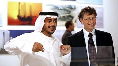 Bill Gates (right) with Sheikh Sultan bin Tahnoon Al Nahyan Chairman of Abu Dhabi Tourism Authority, on an earlier visit to City. Philip Cheung / Abu Dhabi Media Company
