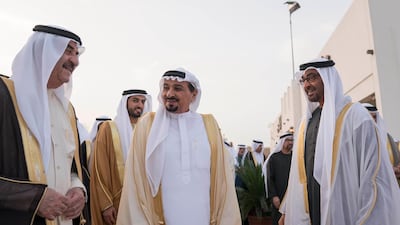 Sheikh Humaid bin Rashid, Ruler of Ajman, (centre) pictured with Sheikh Saud bin Rashid, Ruler of Umm Al Quwain, and Sheikh Mohammed bin Zayed , Crown Prince of Abu Dhabi and Deputy Supreme Commander of the UAE Armed Forces, at a mass wedding reception at Majlis Al Bateen two weeks ago. Mohammed Al Hammadi / Crown Prince Court - Abu Dhabi