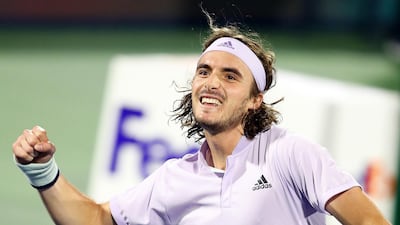 Stefanos Tsitsipas celebrates after beating Jan-Lennard Struff at the Dubai Duty Free Tennis Championships. EPA