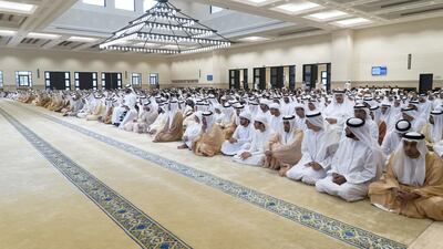 Dignitaries and guests attend Eid Al Fitr prayers at the Sheikh Sultan bin Zayed the First mosque in Al Bateen. Rashed Al Mansoori / Ministry of Presidential Affairs