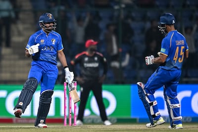 UAE's Aryansh Sharma, left, and Sohaib Khan helped secure victory over Canada in their T20 World Cup match in Delhi. AFP
