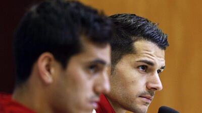 Spain's Juanmi, left, and Vitolo, right, attend a press conference on Wednesday ahead of their Euro 2016 qualifying match against Ukraine on Friday. Javier Lizon / EPA / March 25, 2015