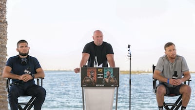 Khabib Nurmagomedov, left, and Justin Gaethje, right, take part in their pre-fight face-off at Yas Beach ahead of what is shaping up to be “the biggest fight we’ve ever done”, according to UFC President Dana White. All photos courtesy of UFC