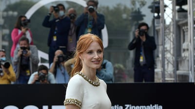 Jessica Chastain, in a white Zuhair Murad dress with metallic detailing, attends the 69th San Sebastian Film Festival in Spain on September 23, 2021. AP