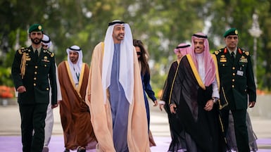 UAE Foreign Minister Sheikh Abdullah bin Zayed is welcomes to Jeddah by Saudi Foreign Minister Prince Faisal bin Farhan. Wam
