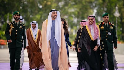 UAE Foreign Minister Sheikh Abdullah bin Zayed is welcomes to Jeddah by Saudi Foreign Minister Prince Faisal bin Farhan. Wam