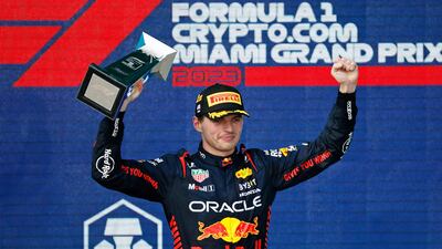 Max Verstappen on the winners' podium in Miami, Florida. Getty