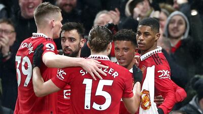 Marcus Rashford (R) of Manchester United celebrates with teammates after scoring the only goal in the Premier League victory against Brentford on April 5, 2023. EPA