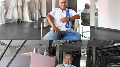 Top: Pierre Mrad inside his renovated shop in Beirut's Gemayzeh neighbourhood on August 1, 2022. Below: a photo taken on August 12, 2020 shows him injured inside his destroyed shop after the port explosion.