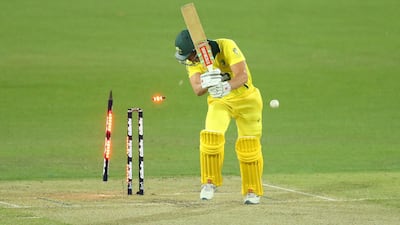 Top order batsman Chris Lynn is clean bowled by Kasun Rajitha of Sri Lanka at the Manuka Oval. Getty Images