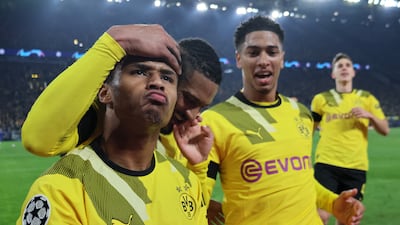 Borussia Dortmund's Karim Adeyemi celebrates scoring in the 1-0 Champions League round of 16 first leg win against Chelsea at Signal Iduna Park on February 15, 2023. Reuters