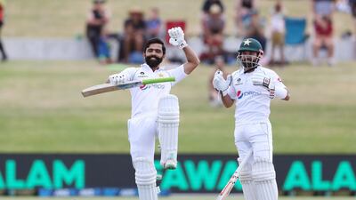Pakistan’s Fawad Alam celebrates his century. AFP