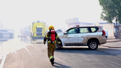 Emergency services respond to a fire in an industrial area of Sharjah. Photo: Sharjah Police / X