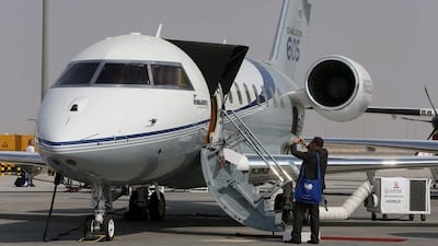 A Bombardier Challenger 605 aircraft on display at the Dubai Airshow. Pawan Singh / The National