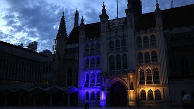 The Guildhall in London lit up with the colours of the Ukrainian flag. Getty Images