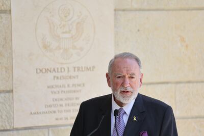 US Ambassador to Israel Mike Huckabee addresses the media at the US embassy in Jerusalem regarding the humanitarian aid situation in the Gaza Strip. EPA