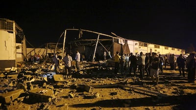 Libyan Red Crescent workers recover migrants bodies after an airstrike at a detention centrein Tajoura, east of Tripoli Wednesday, July 3, 2019. AP
