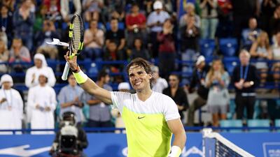 Spain's Rafael Nadal celebrates after defeating Milos Raonic of Canada in their final match of the Mubadala World Tennis Championship in Abu Dhabi, United Arab Emirates, 02 January 2016. ALI HAIDER / EPA