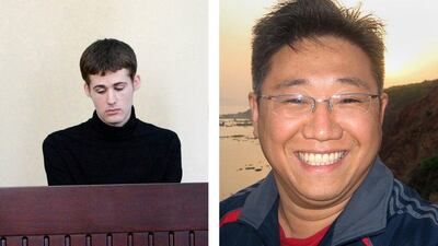 This combination photo of undated file images shows US citizens Kenneth Bae, right, and Matthew Todd Miller. The US State Department on November 8, 2014 announced the release of two Americans who had been held by the government of North Korea. AFP Photo Handout -FreeKenNow.com/Handout and KCNA VIA KNS