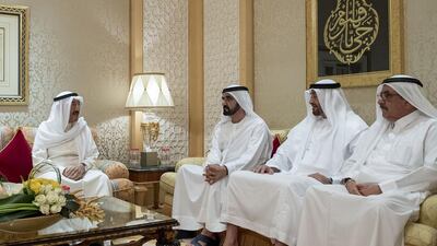 Sheikh Mohammed bin Rashid, the Vice President and Ruler of Dubai, Sheikh Mohammed bin Zayed, Crown Prince of Abu Dhabi and Deputy Supreme Commander of the Armed Forces, and Sheikh Hamdan bin Rashid, Deputy Ruler of Dubai and Minister of Finance, holding talks on the crisis with Sheikh Sabah, the emir of Kuwait. Rashed Al Mansoori / Crown Prince Court Abu Dhabi