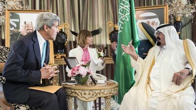 Saudi King Abdullah and the US secretary of state John Kerry hold talks at the king's private residence in Jeddah on June 27, 2014. Brendan Smialowski / Reuters