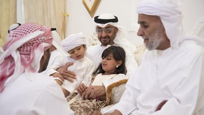 Sheikh Mohammed bin Zayed, Crown Prince of Abu Dhabi and Deputy Supreme Commander of the Armed Forces, visits the family of martyr Hamoud Ali Al Ameri who succumbed to wounds suffered in 2015 while participating in Operation Restoring Hope in Yemen. Hamad Al Kaabi / Crown Prince Court - Abu Dhabi