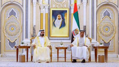 President Sheikh Mohamed and Sheikh Mohammed bin Rashid, Vice President and Ruler of Dubai, attend the swearing-in ceremony of the new education ministers at Al Watan Palace, in Abu Dhabi. Photo: @HHShkMohd / Twitter