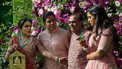 Reliance Industries Chairman Mukesh Ambani, second right, his wife Nita Ambani, left, son Akash Ambani and daughter Isha arrive for Akash's wedding in Mumbai, India, Saturday, March 9, 2019. Photo: AP