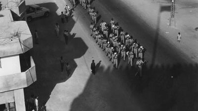 A police department marching band in Dubai, 1967. Getty Images
