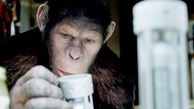 Caesar the chimp, a CG animal portrayed by Andy Serkis, is shown in a scene from Rise of the Planet of the Apes.