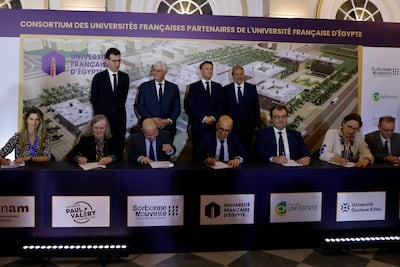 French President Emmanuel Macron attends the signing of an agreement between Cairo University and French universitie, in Cairo. AFP
