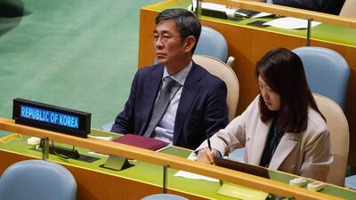 The South Korea delegation listens as North Korean Foreign Minister Ri Yong-ho speaks. AFP