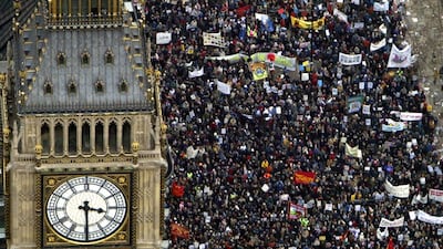 Several hundred thousand people march past Big Ben towards Hyde Park in London on February 15, 2003, to protest against the proposed war in Iraq. All photos: Getty Images