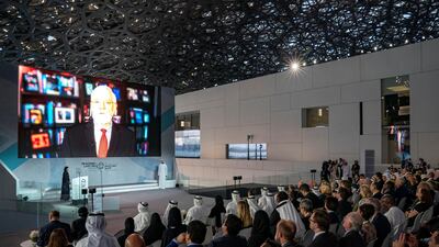 Alanoud Madhi delivers a speech during the Reaching the Last Mile Forum, at the Louvre Abu Dhabi. Ministry of Presidential Affairs ---