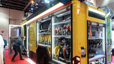 The firefighting equipment include a NH35 pump. a pump drive with generator (electrical) or with diesel engine (mechanical) option, and a foam proportioning system. Antonie Robertson / The National