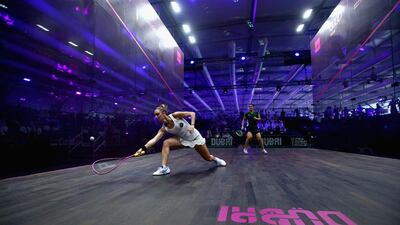 Camille Serme of France plays against Omneya Abdel Kawy of Egypt during the first day of the PSA Dubai World Series Finals 2016 in Dubai. Francois Nel / Getty Images