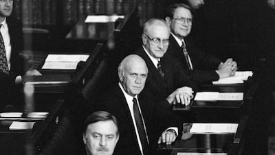 Frederik Willem de Klerk, centre, in Cape Town during South Africa's final white parliament session. AFP