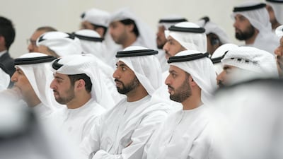 Sheikh Mohammed bin Hamad bin Tahnoon (right), Sheikh Mohammed bin Nahyan bin Mubarak (second right) and Sheikh Zayed bin Khalifa bin Sultan Al Nahyan (left), attend a lecture by Angela Duckworth (not shown), titled ‘True Grit: The Surprising, and Inspiring Science of Success’, at Majlis Mohamed bin Zayed. Mohamed Al Hammadi / Crown Prince Court - Abu Dhabi