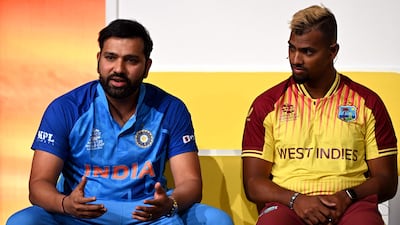 India captain Rohit Sharma with West Indies skipper Nicholas Pooran in Melbourne ahead of the T20 World Cup. AFP