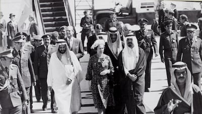 A rare album of photographs depicting Queen Elizabeth II and the Duke of Edinburgh on their royal visit to Saudi Arabia in 1979 will be on display. In this photo, the queen is disembarking a Concord at Riyadh Airport.